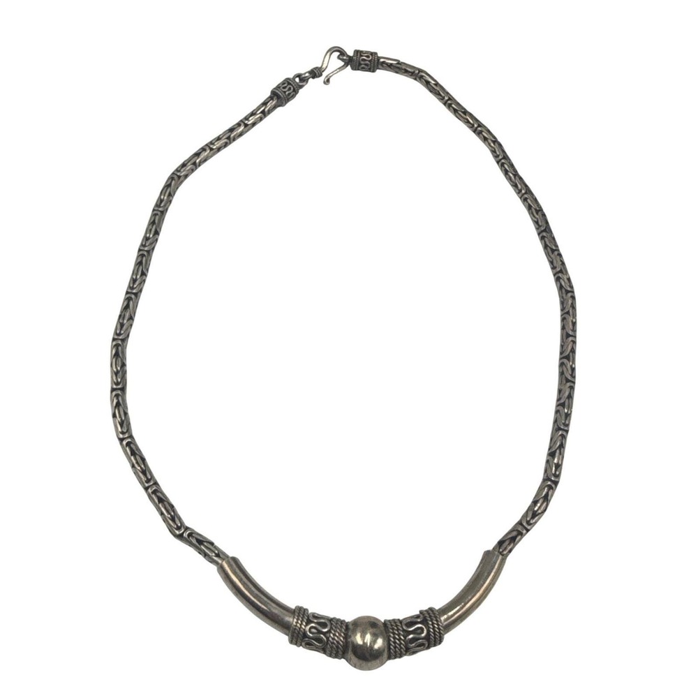 Sterling Silver 925 Byzantine Chain Necklace Curved Bar Scrollwork 17.5 Inch